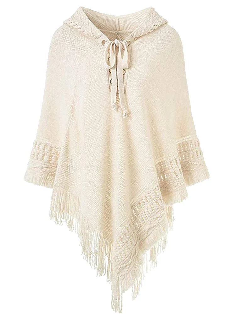 Fringe Tassel Women's Knitted Hooded Crochet Shawl Wrap Sweater