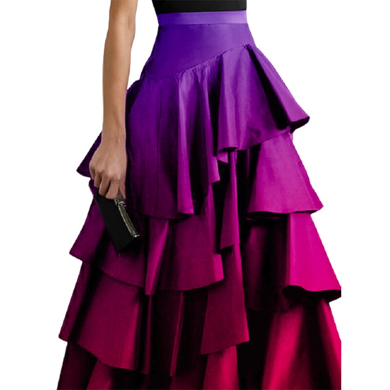 Gradient Layered Ruffle A-Line High Waist Maxi Skirt