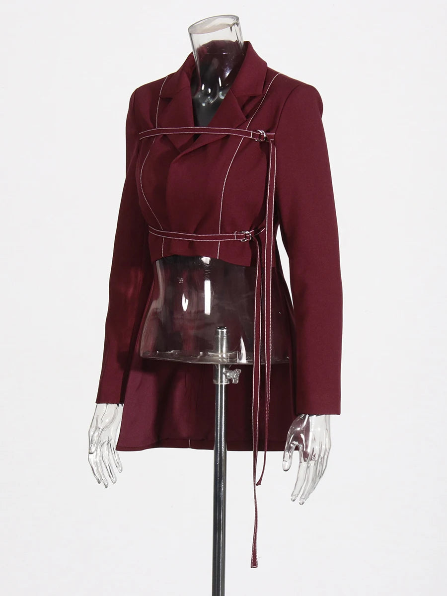 Burgundy Irregular Notched Collar Double Strap Design Blazer Jacket + High Waist Straight Pants Women's Formal Suit