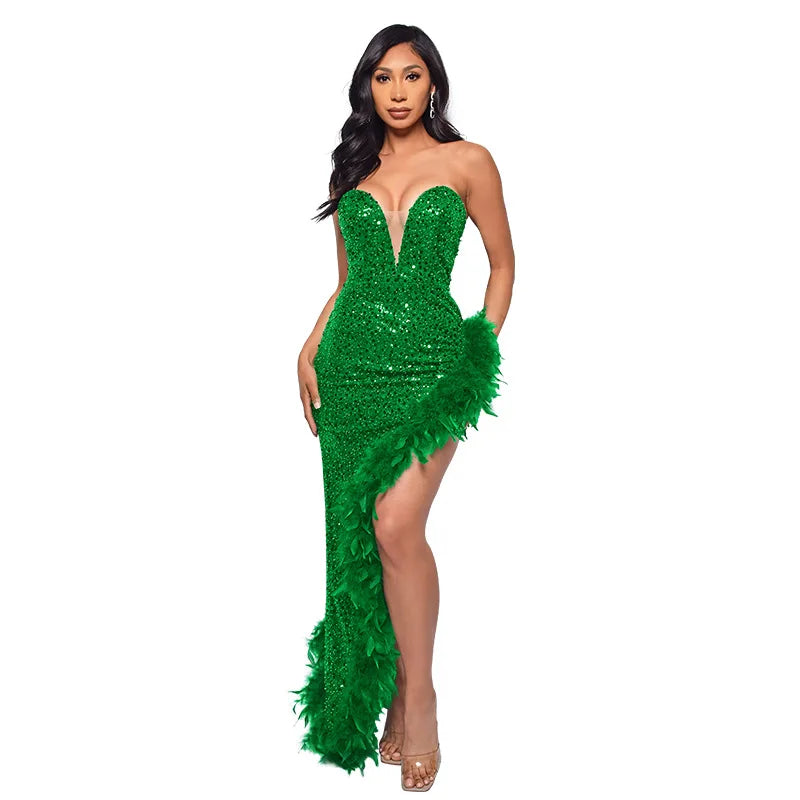 Tube Feather Hem Sparkling Crystal Sleeveless Backless High Side Slit Bodycon Formal Party/Prom Maxi Evening Dress