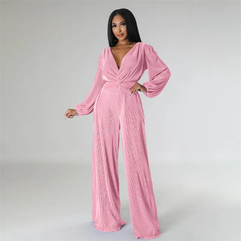 Bubble Sleeve V-Neck High Waist Wide Leg Jumpsuit