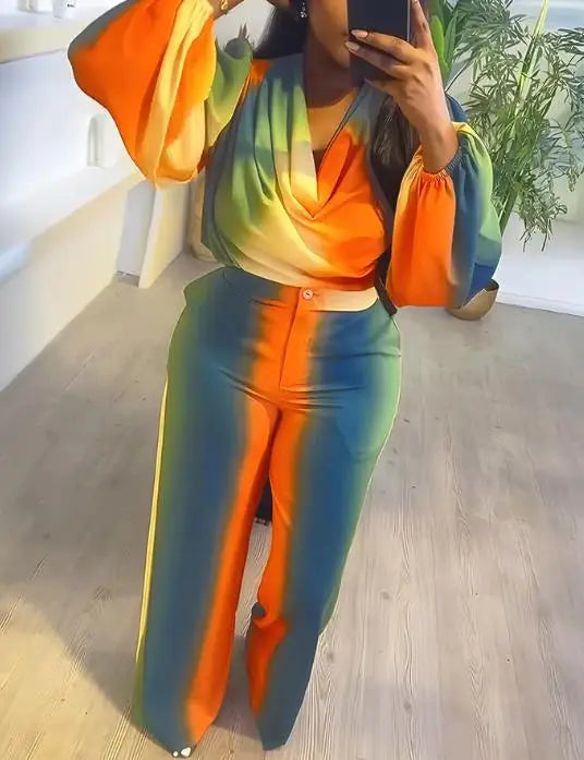 Striped Colorblock Tie-Dye Print Cowl Neck Puff Sleeve Top & Wide Leg Pants Women's 2-Piece Set