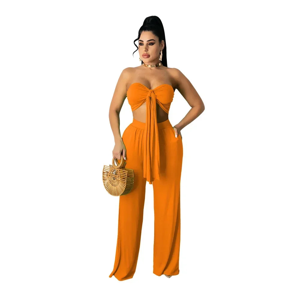Strapless Hollow-Out  Hatler Neck Crop Top + Leggings Bodycon Solid Color Women's 2-Piece Set