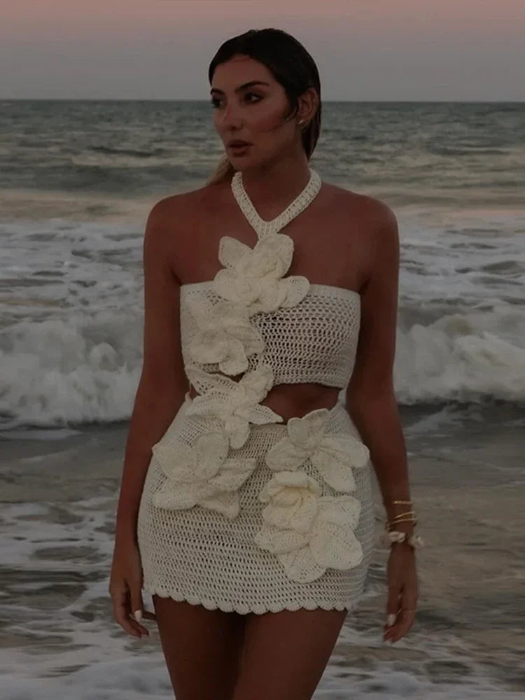 Knitted Crochet 3D Flower Embroidered Hollow-Out Sleeveless Halter Mini Dress