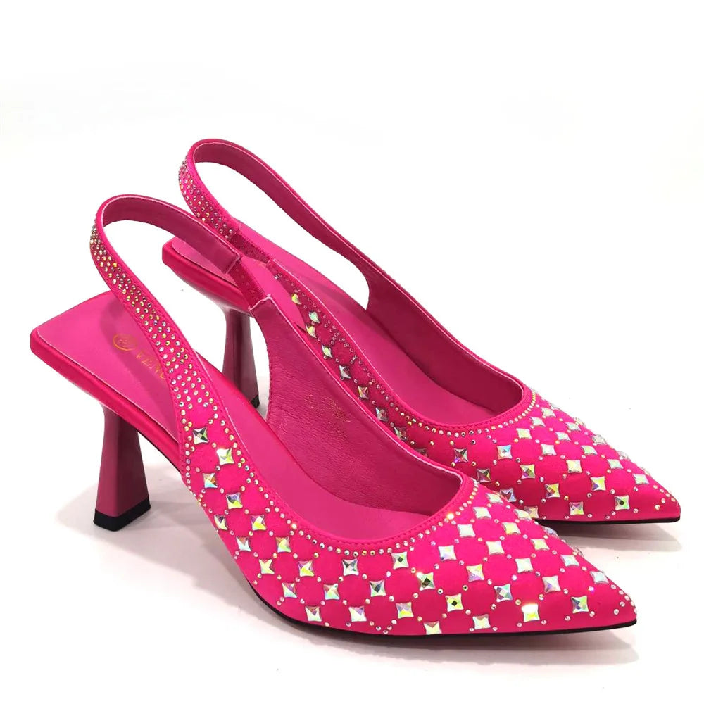 Rhinestone Studded Slingback Pointed Toe Mule Sandal Pumps + Pearl Chain Link Strap Formal Wedding/Party Shoe & Purse Set