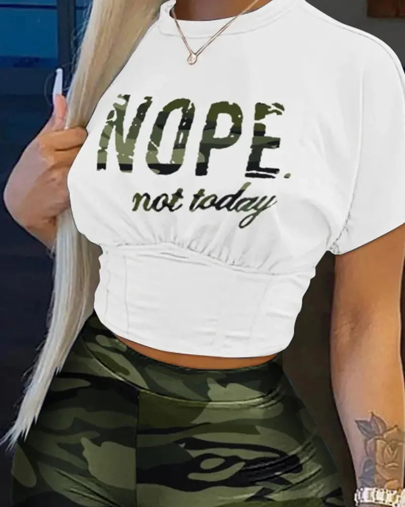 "NOPE Not Today"/Faith/Lip/Striped/Stiletto/Eyelash Print Women’s O-Neck Short Sleeve T-Shirt + Mini Shorts 2-Piece Set