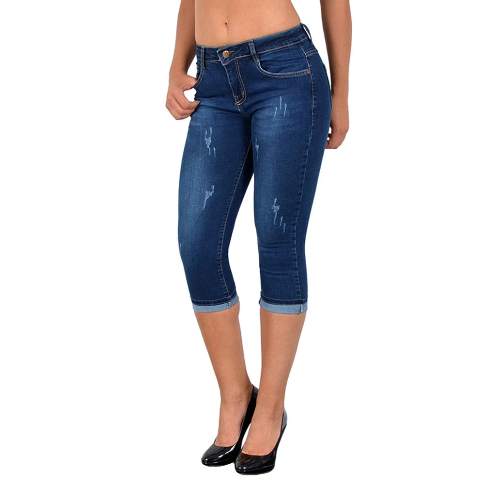 Solid Stretch Ladies Knee-Length Denim High Waist Skinny Jean Capri Pants