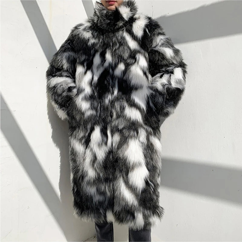 Men's Black/White Colorblock Patchwork Thick Faux Fur Trenchcoat