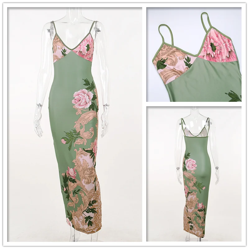 Rose Flower Print Spaghetti Strap Skinny Bodycon Backless Maxi Sundress