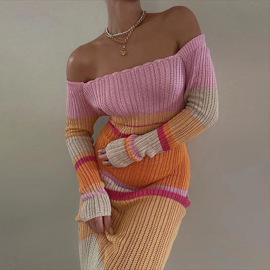 Slash Neck Long Sleeve Off-the-Shoulder Colorblock Striped Bodycon Knitted Maxi Sweater Dress