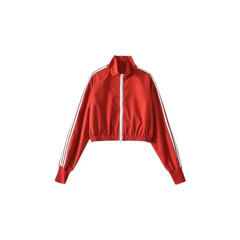 Red/White Turtleneck Women's Striped Sports Zipper Jacket + Side Striped Joggers Tracksuit