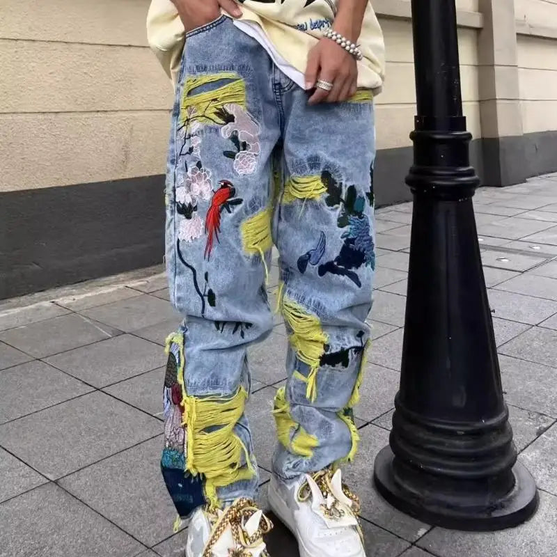 Streetwear Baggy Stacked Ripped Graphic Embroidered Hip Hop Jeans