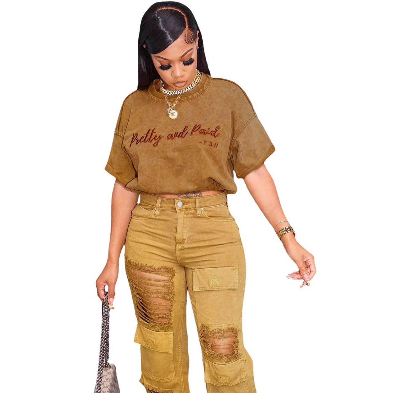 "Pretty & Paid" Ladies Short Sleeve Letter Embroidered T-Shirt + Cargo Denim Pants Two Piece Set