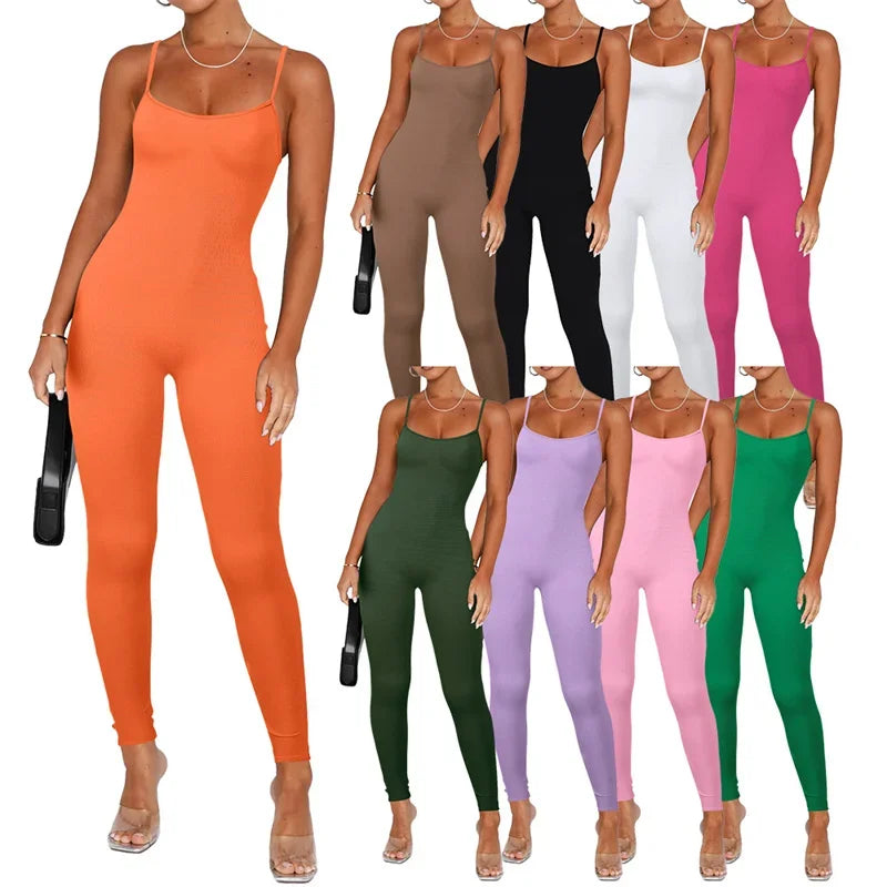 Solid Color Knitted Ribbed Spaghetti Strap Skinny Fitness Yoga Jumpsuit