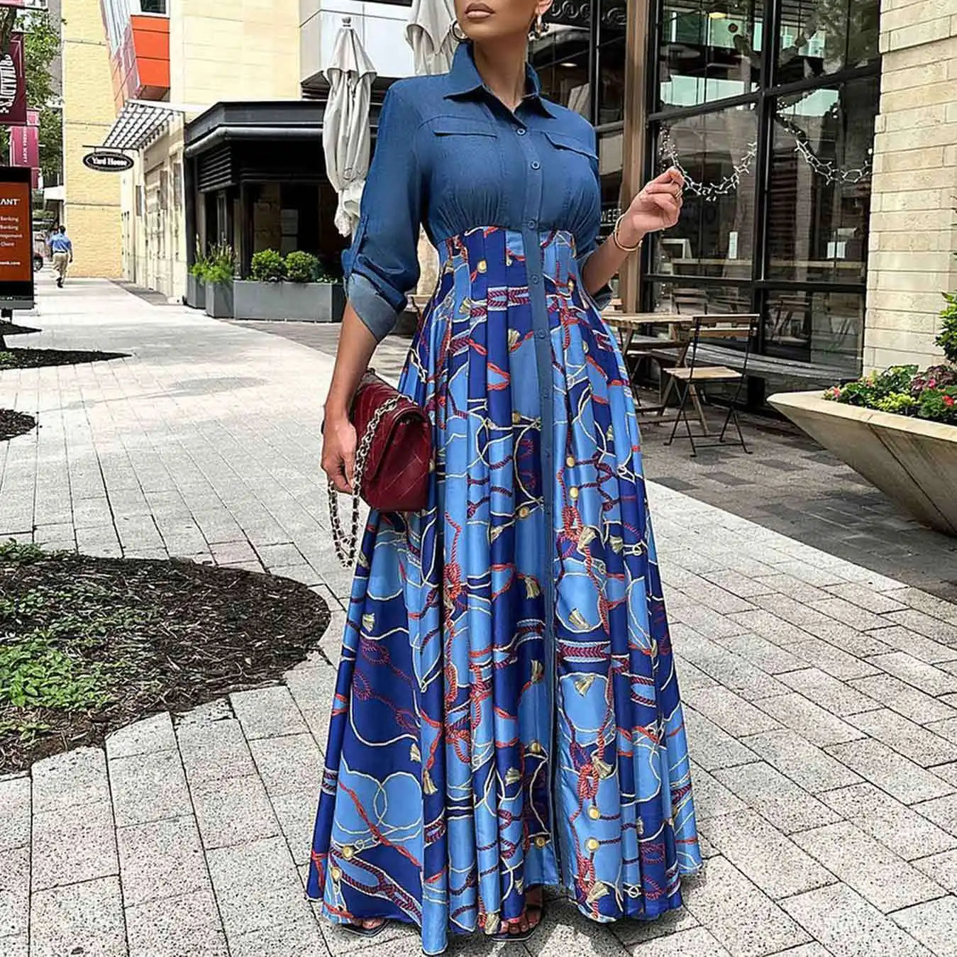 Denim Turn-Down Collar Long Sleeve Jean Shirt Multi-Colored Printed Contrast Maxi Dress to 3X