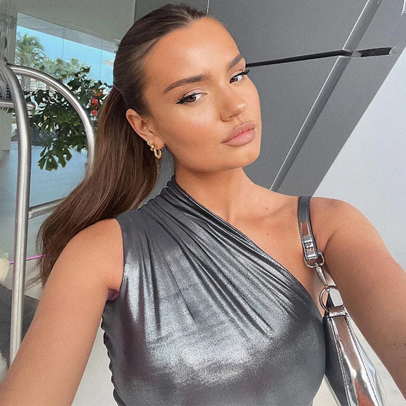 Asymmetrical Faux Leather Metallic/Solid Color One Shoulder Ruched Bodycon Skinny Mini Club Dress