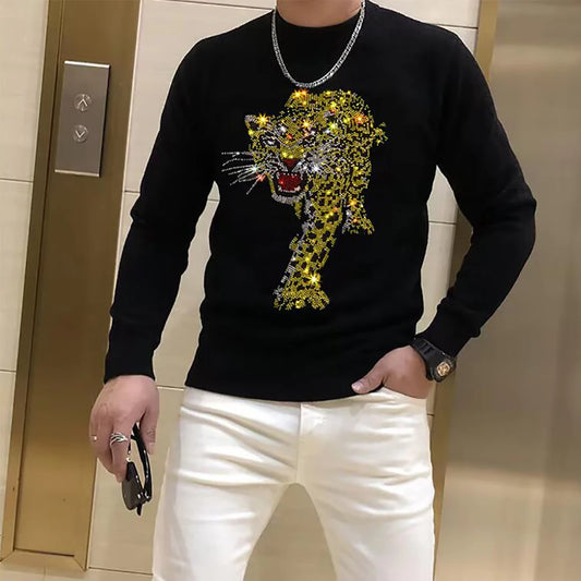 Men's Black Hip-Hop Rhinestone Gold Leopard/Tiger/Tarantula Rhinestone NY Symbol Printed Long Sleeve Sweater