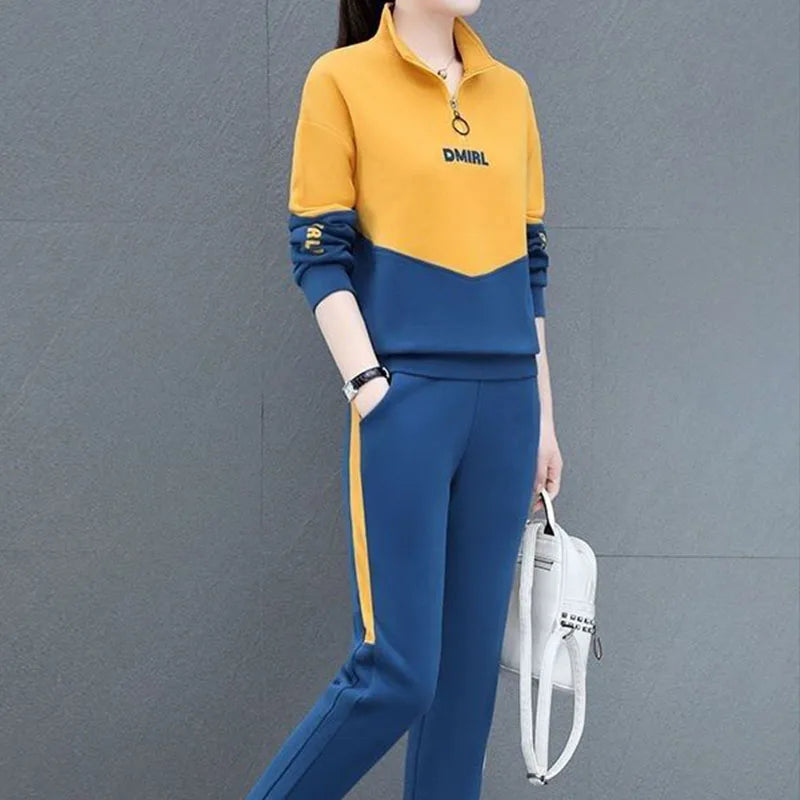 Colorblock Patchwork Turn-Down Collar Zipper Sweatshirt + Side Striped Sweatpants Women's Tracksuit