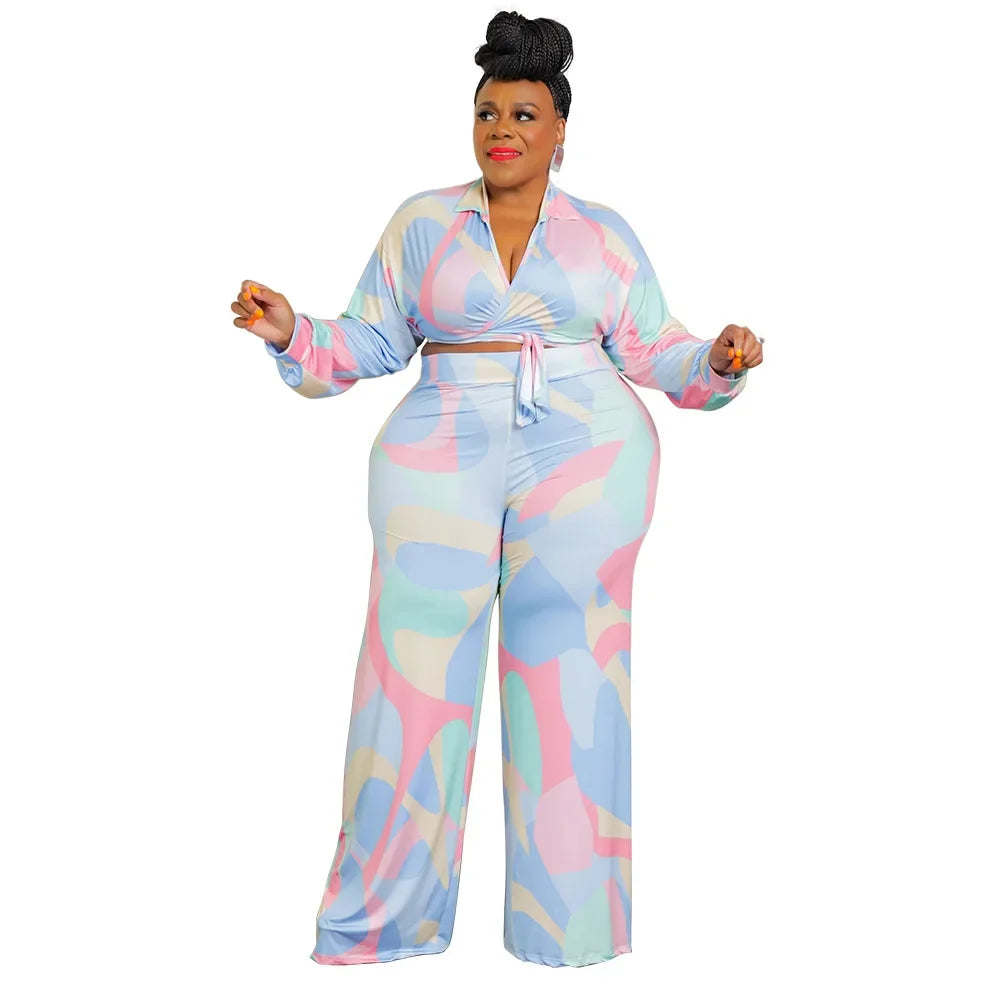 Houndstooth/Floral Tie-Dye Print Deep V-Neck Women's Long Sleeve Crop Top + Pants 2-Piece Set to 5X Plus Size