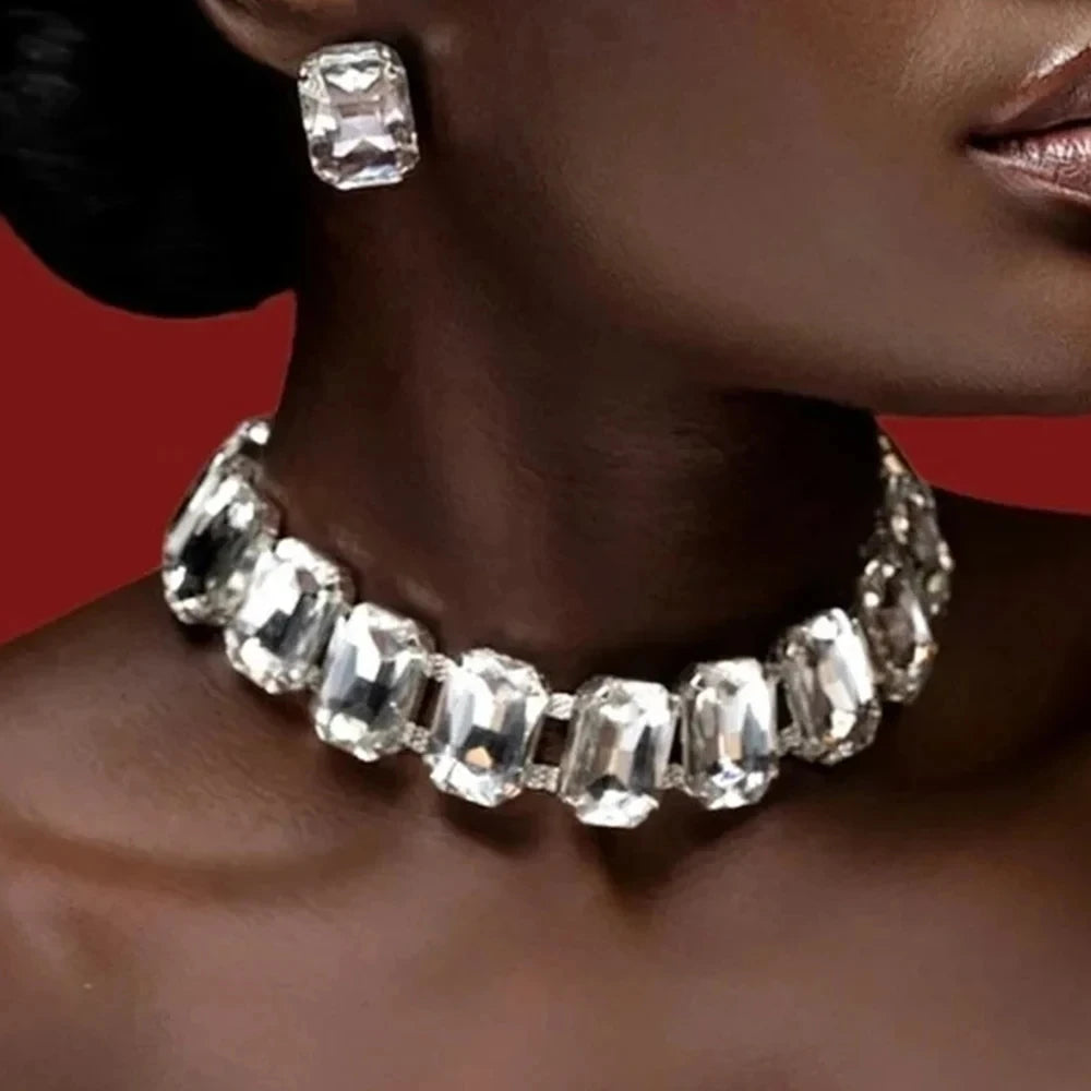 Oversized Geometric Rhinestone Square Earrings with Matching Choker 2-Piece Jewelry Set