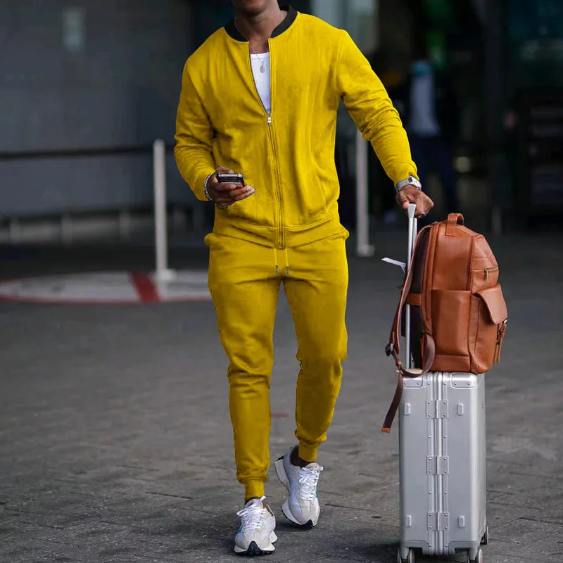 Men's O-Neck Colorblock Bomber Sweat Jacket + Drawstring Jogger Sweatpants Tracksuit