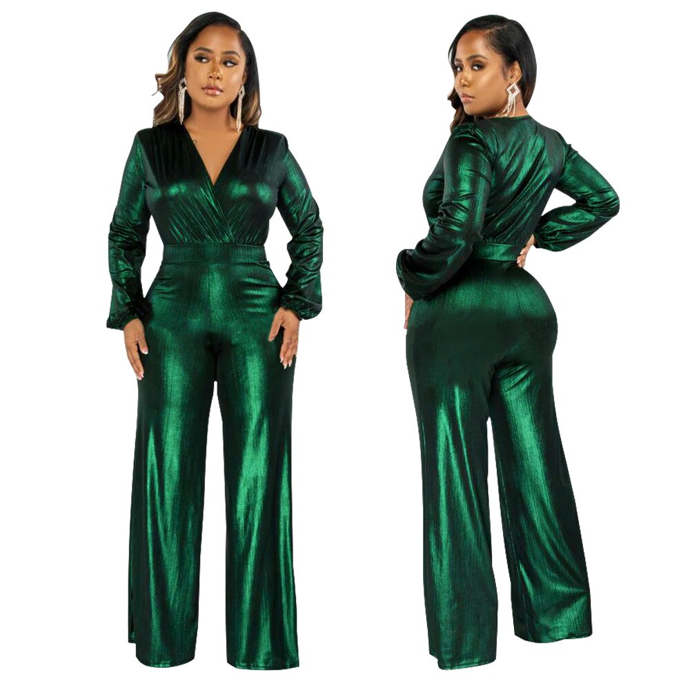 Metallic Shiny Long Sleeve V-Neck Jumpsuit