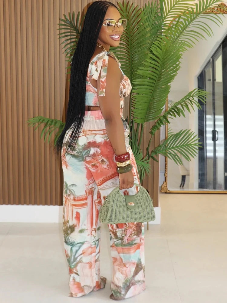 White/Coral Pink Tropical Multi-Color Print Lace-Up Women's Ruched Crop Tank Top + Wide Leg Pants 2-Piece Set