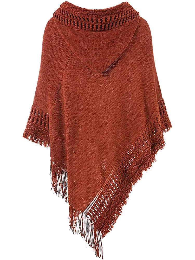 Fringe Tassel Women's Knitted Hooded Crochet Shawl Wrap Sweater