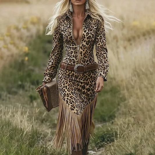 Leopard Print Tassel Fringe Hem Design Long Sleeve Zipper Front Western Maxi Rodeo Dress to 3X Plus Size