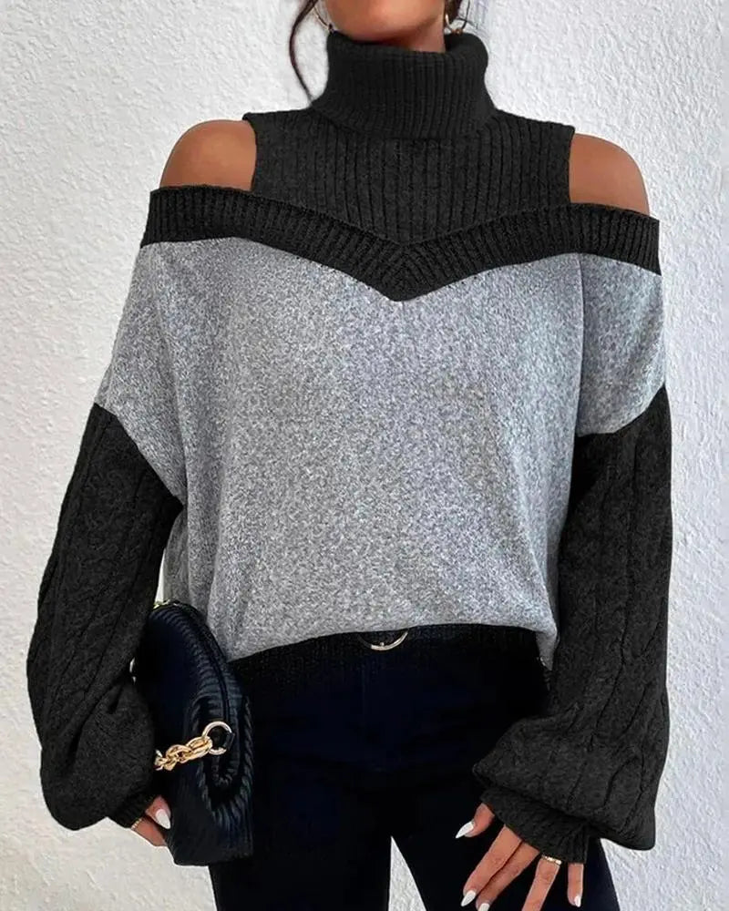 Colorblock Cold Shoulder Lantern Sleeve Pullover Hollow-Out Ladies Sweater