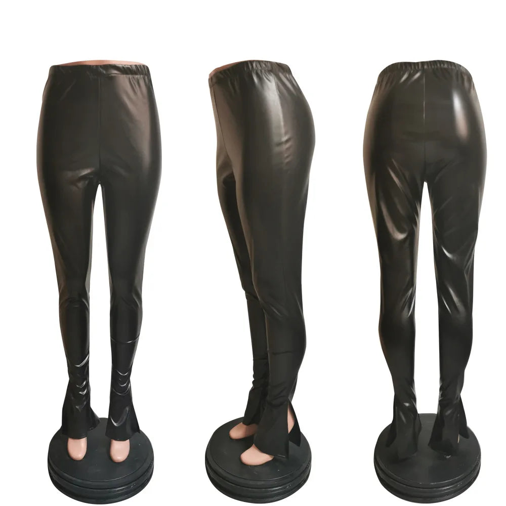 PU Leather Ruched Women's High Waist Solid Color Side Slit Bodycon Skinny Leggings