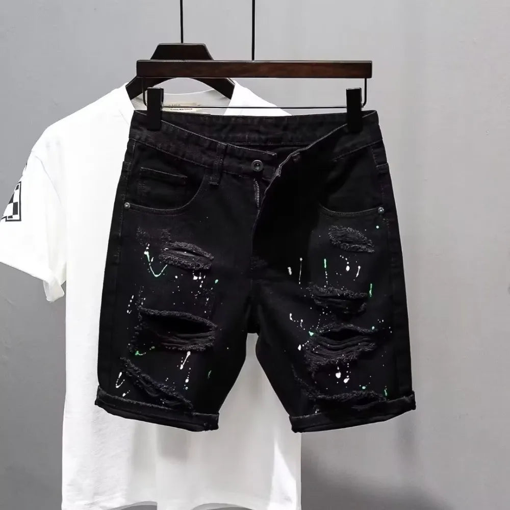 Men's Y2K Denim Streetwear Ripped Dotted Glitter Ink Designer Distressed Jean Shorts