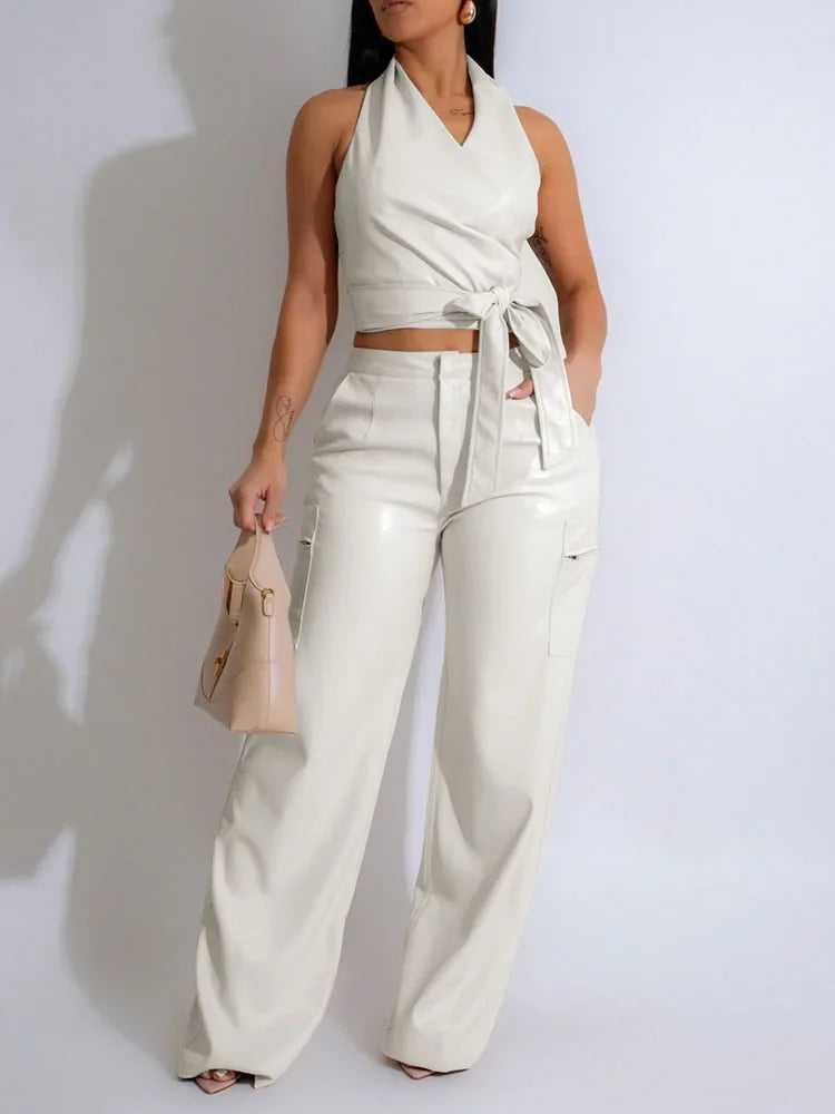 Wrapped Sleeveless PU Leather Backless Cropped Halter Top + Wide Leg Pants Women's 2-Piece Set