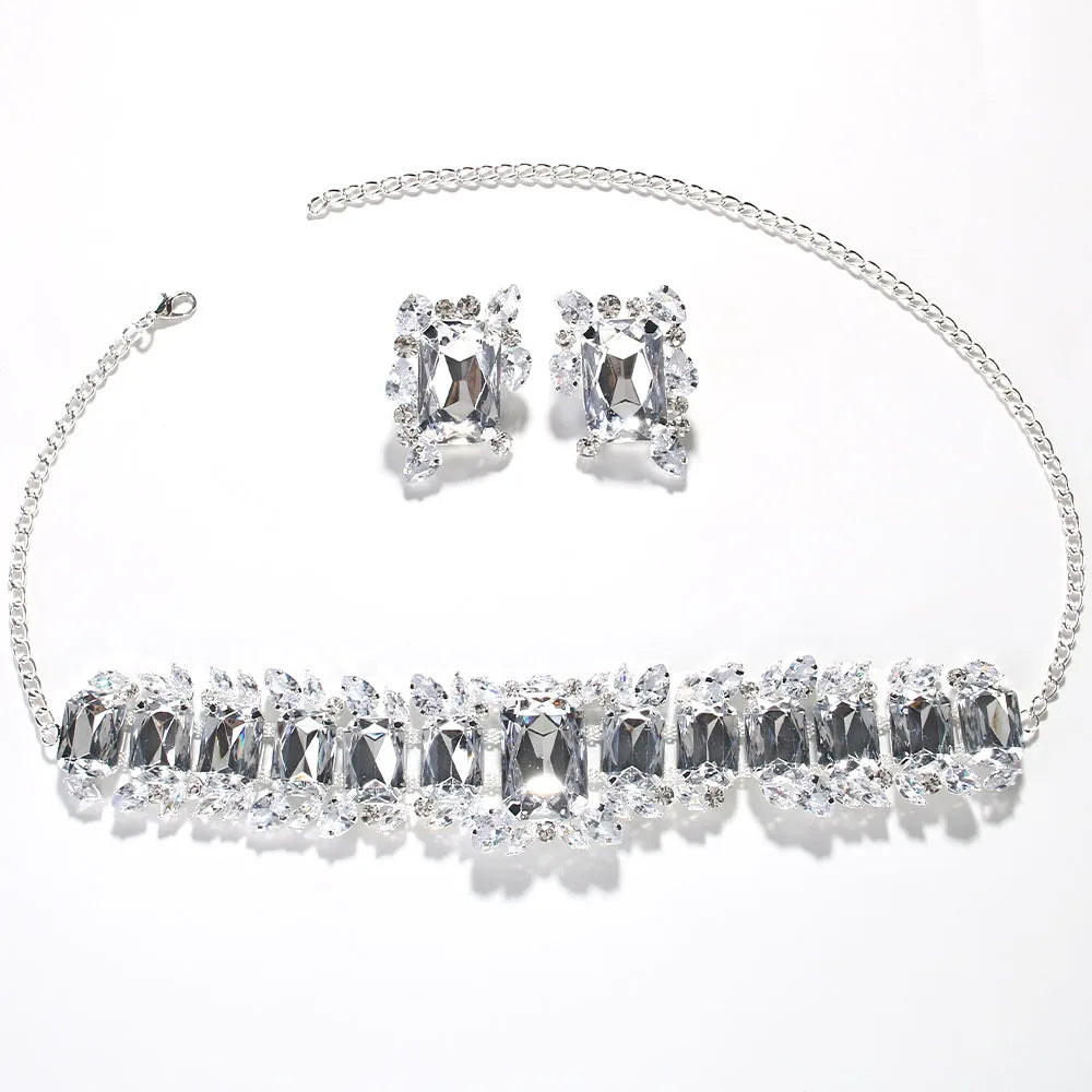 Oversized Geometric Rhinestone Square Earrings with Matching Choker 2-Piece Jewelry Set