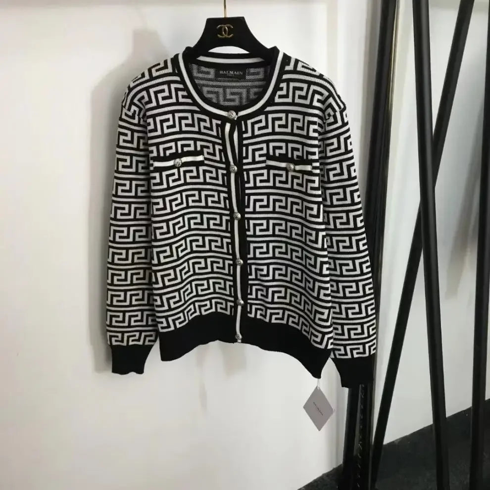 Geometric Colorblock Print Knitted Women's Open Cardigan Sweater + Matching Tank Vest Top + High Waist Wide Leg Pants 3-Piece Set