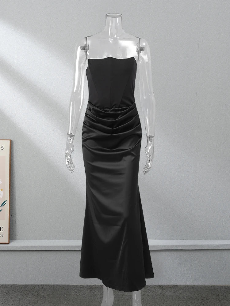 Black Satin Pleated Strapless Off-the-Shoulder Pleated Tube Maxi Formal Party Dress