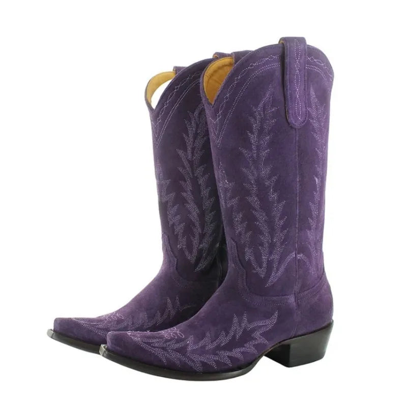 Western Flower Embroidered Pointed Toe PU Leather Midi Cowgirl Boots
