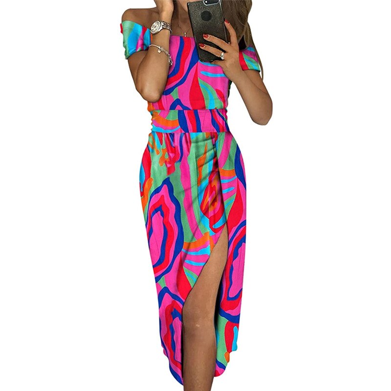 Ruched Floral/Geometric Off-the-Shoulder Printed Bodycon Short Sleeve Maxi Dress