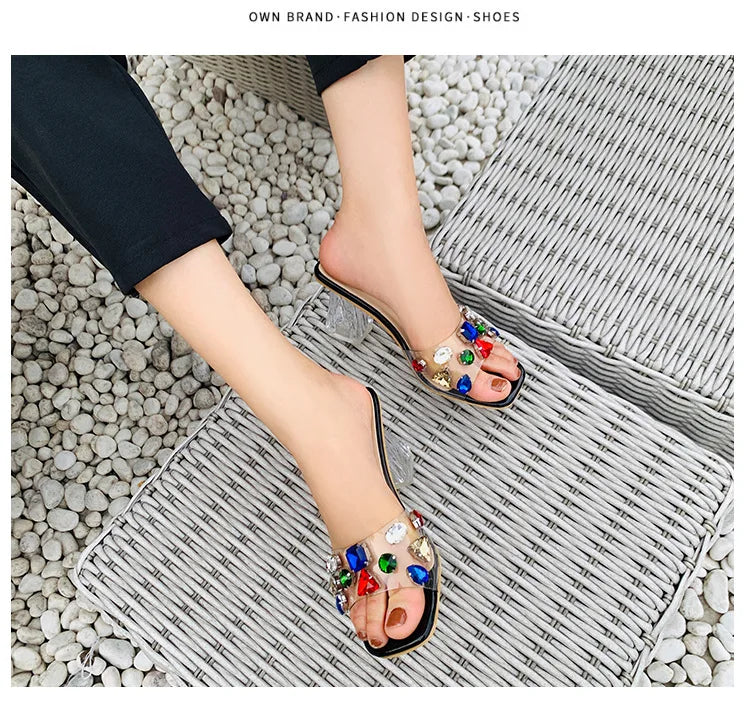 PVC Transparent Clear Crystal Rainbow Rhinestone Embellished Open Toe Low Heel Women's Sandals
