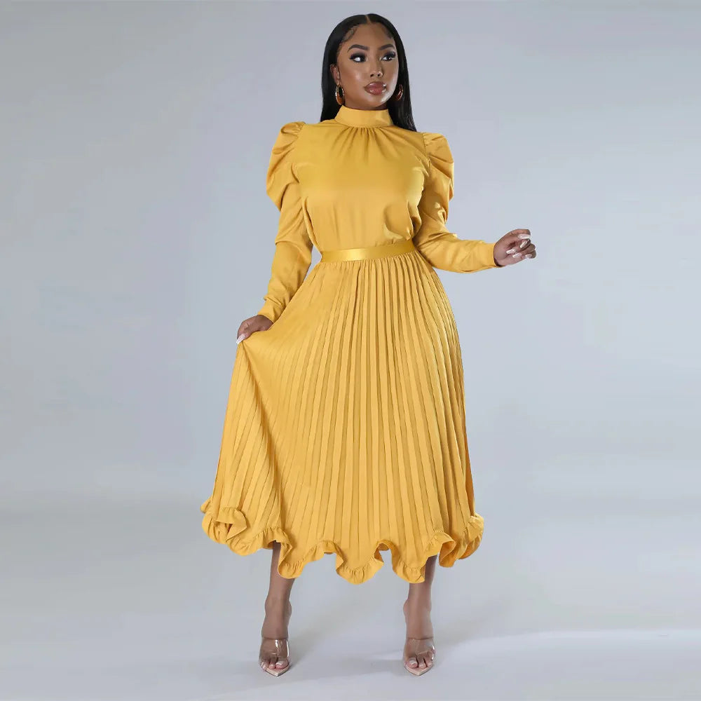 Women’s Solid Color O-Neck Lantern Sleeve Blouse + A-Line Flounce Formal Pleated Maxi Skirt w/ Sash Belt 2-Piece Set