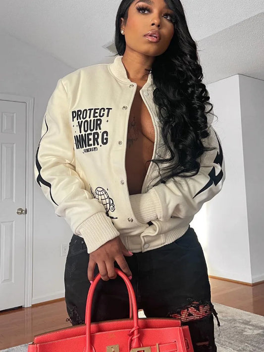 "Protect Your Energy, Watch Your Back" Printed Women's Button Up Baseball Jacket