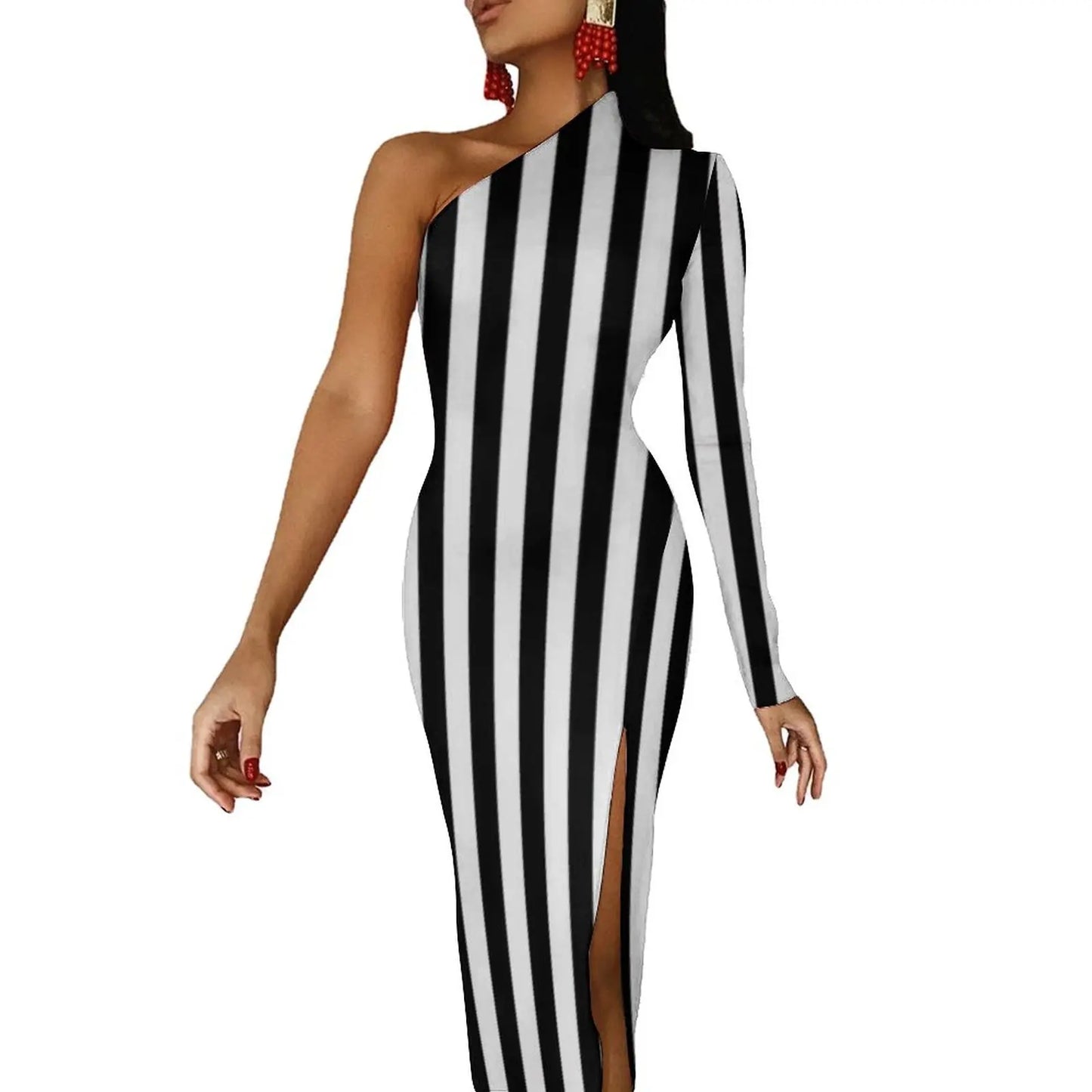 Striped/Rainbow Striped/American Flag Print One Sleeve Asymmetrical Bodycon Midi Dresses