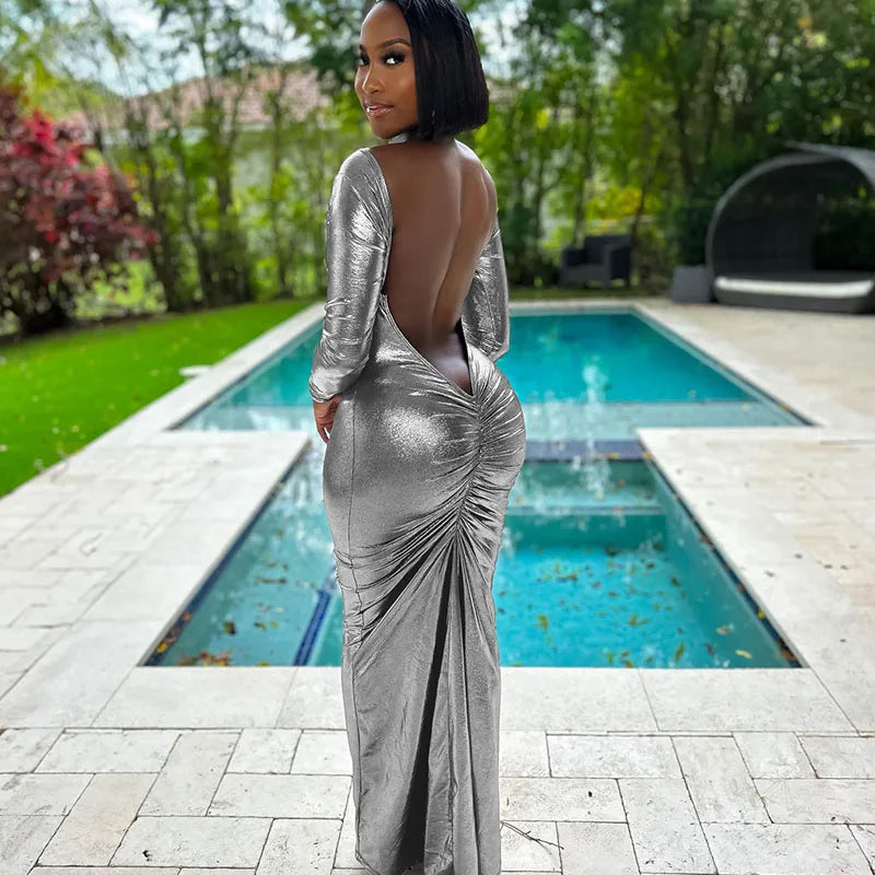 Metallic Gold/Silver Ruched Long Sleeve Bodycon Maxi Dress