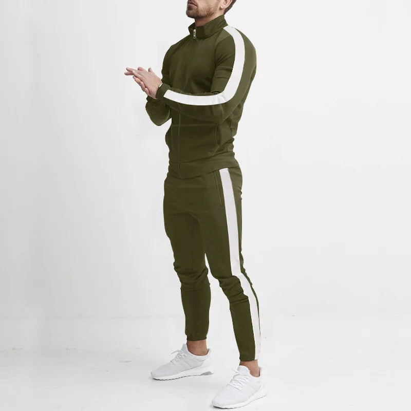 Men's Striped Mandarin Collar Fitness Zipper Jacket + Skinny Side Striped Jogger Sweatpants Tracksuit