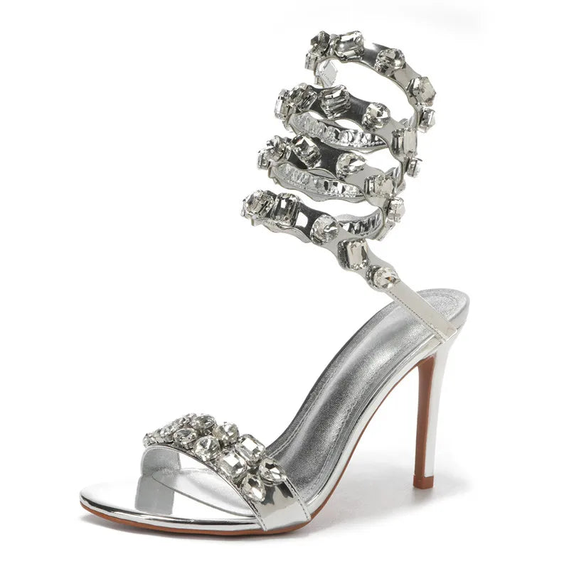 Rhinestone Crystal Embellished Spiral Band Stiletto Heel Gladiator Open Toe Sandal Pumps