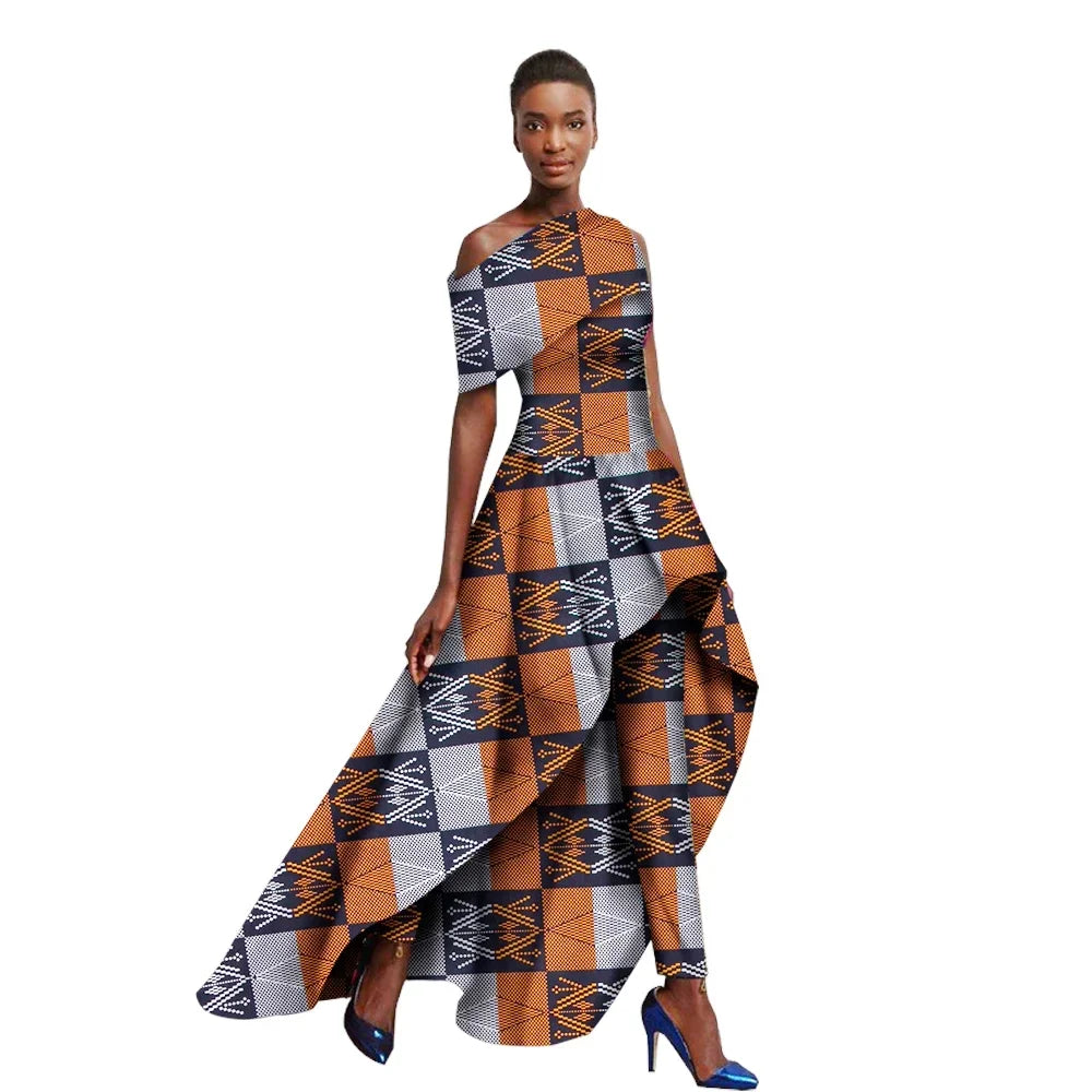 Asymmetrical Diagonal Hem Ankara African Print Short Sleeve O-Neck Maxi Dress + Pants 2-Piece Suit