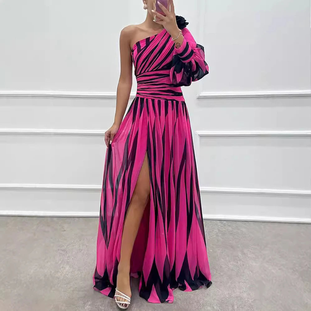 One Puff Sleeve Geometric Asymmetrical Striped High Slit Formal Maxi Party Dress