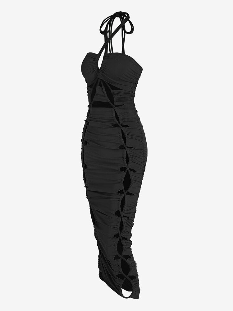 Lace Up Criss Cross Halter Cut Out Slinky Dress