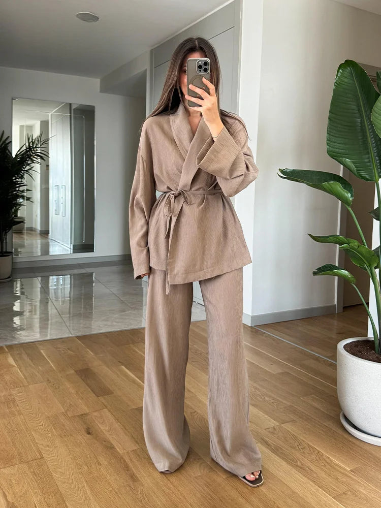 Solid Women's Khaki Drawstring Blazer Jacket + Elastic Waist Wide Leg Pants Business Suit
