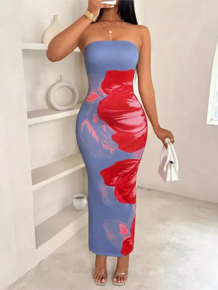 Sleeveless Big Flower Print Bodycon Skinny Maxi Tube Dress